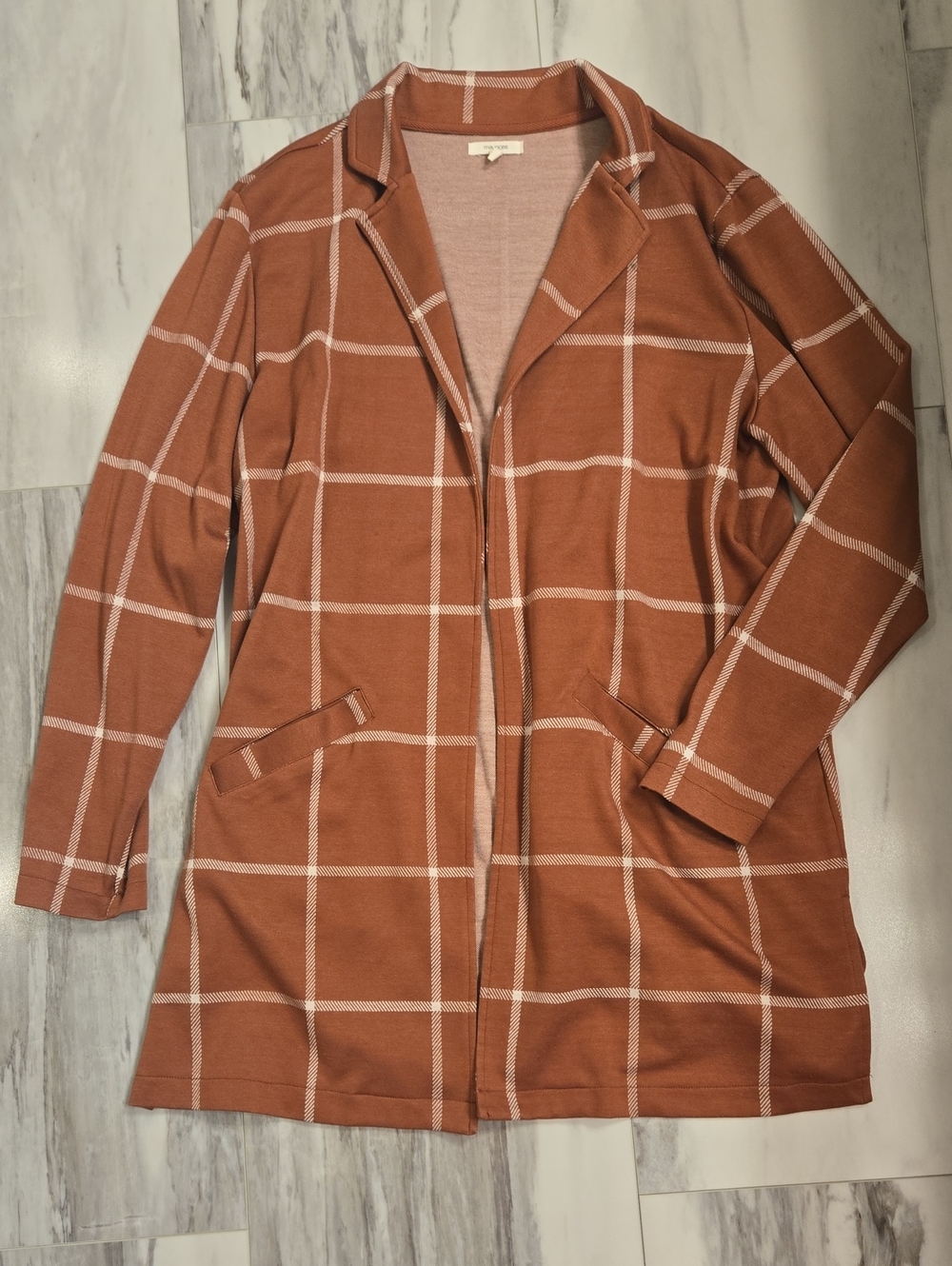 Maurices Womens Rust Windowpane Open-Front Cardigan